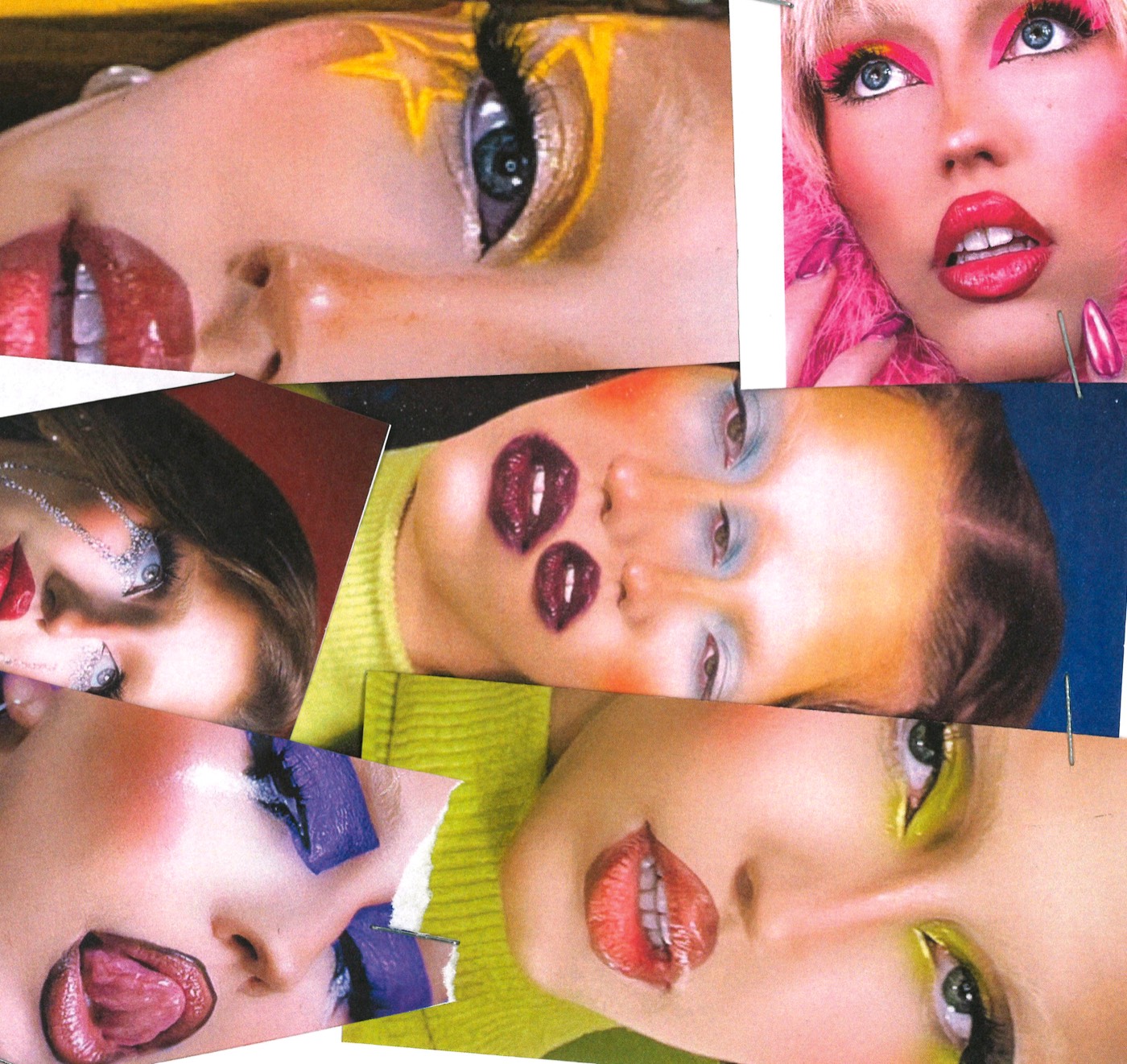 Collage of fashion beauty close-ups showing models with bright eyeshadow, dramatic eyeliner and glossy lips in vivid colours.